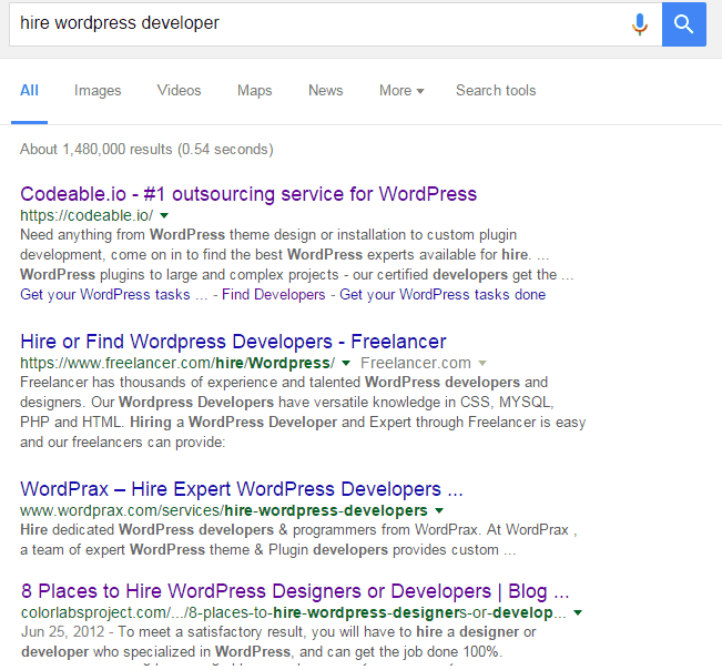 Google search for hiring WordPress devs