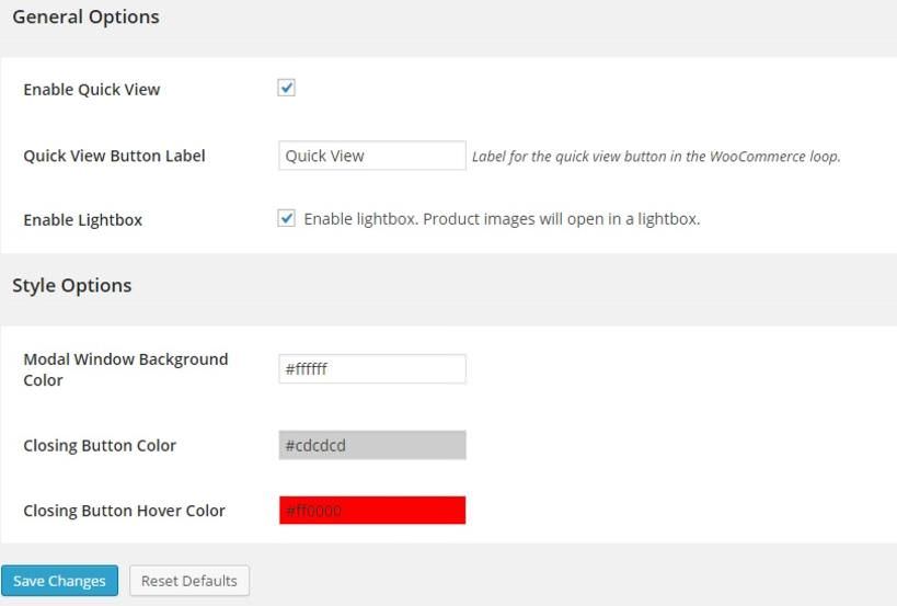 Settings of YITH WooCommerce Quick View