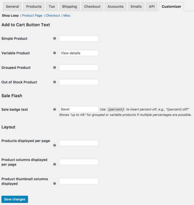 Settings of WooCommerce Customizer