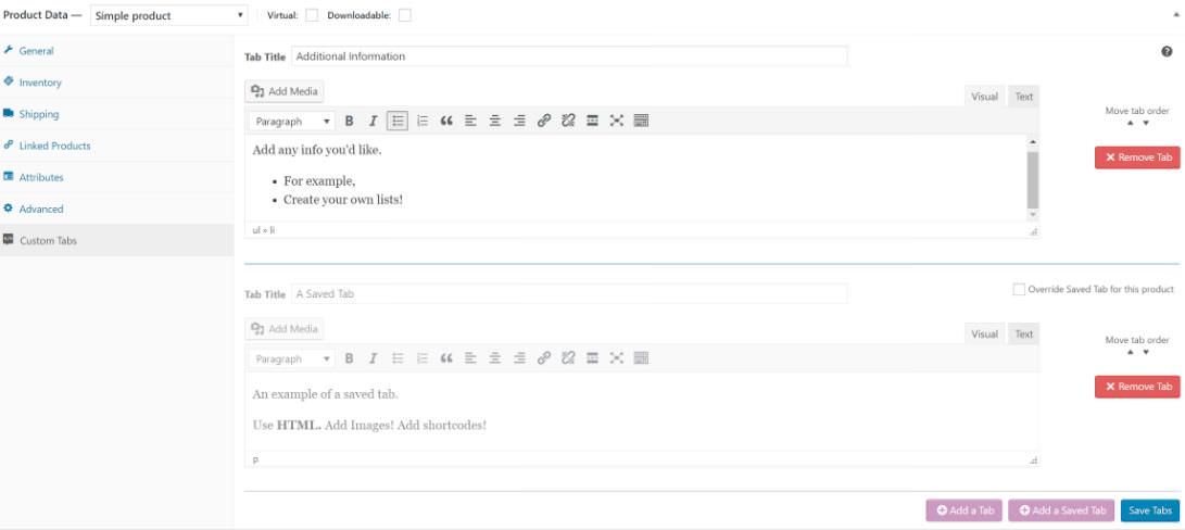 Settings for Custom Product Tabs for WooCommerce