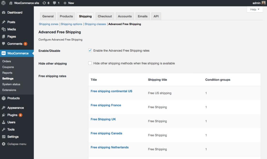 Settings of WooCommerce Advanced Free Shipping