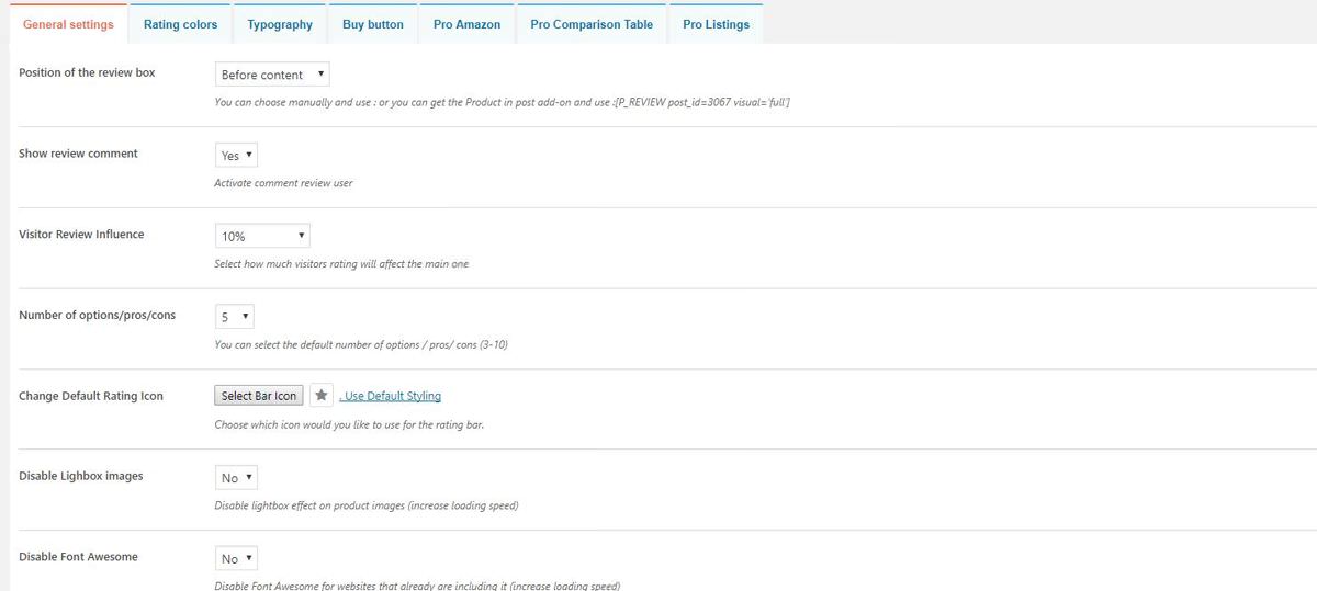 Settings of Download WP Product Review Lite