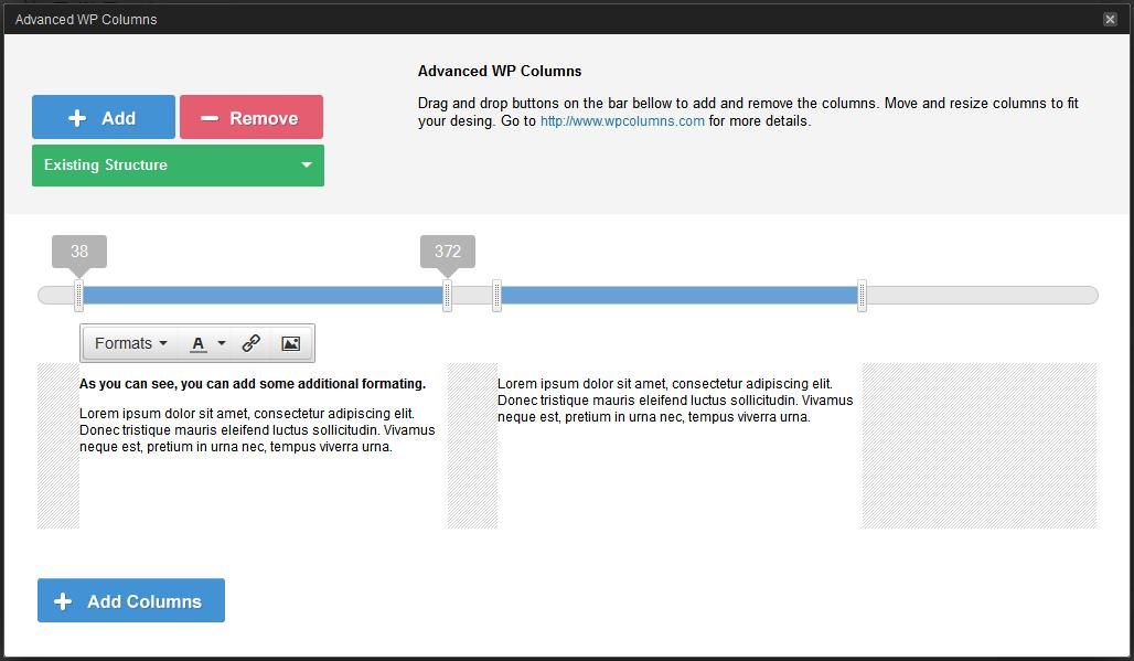 Manager window of Advanced WP Columns