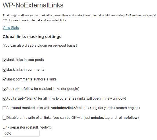 Settings of WP No External Links