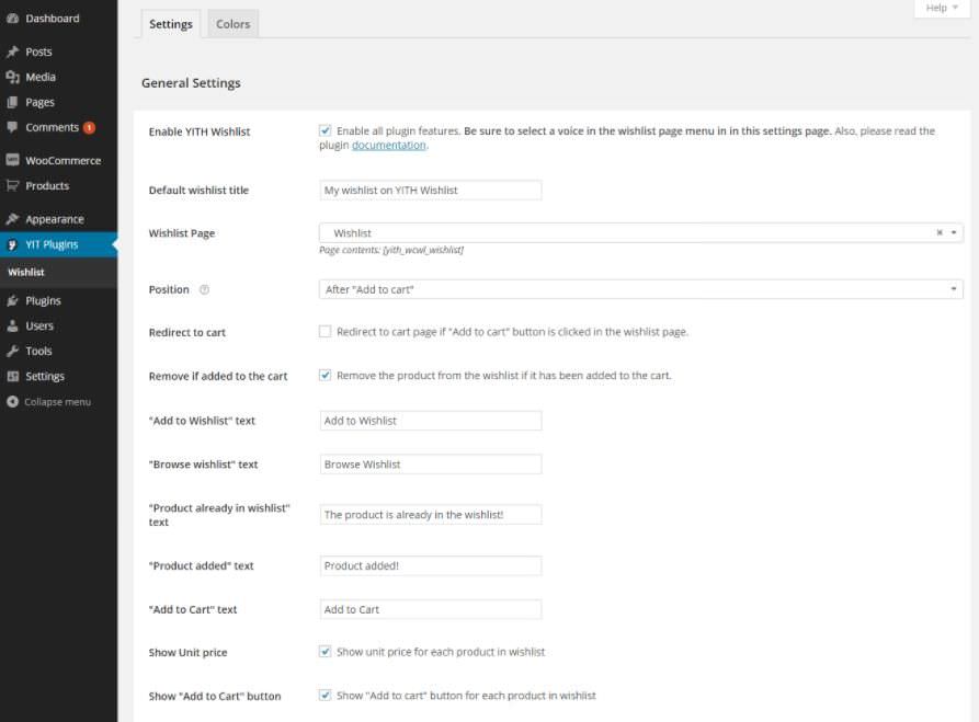 Settings of YITH WooCommerce Wishlist