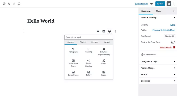 Gutenberg Editor with sidebar on the right opened and a block option is displayed