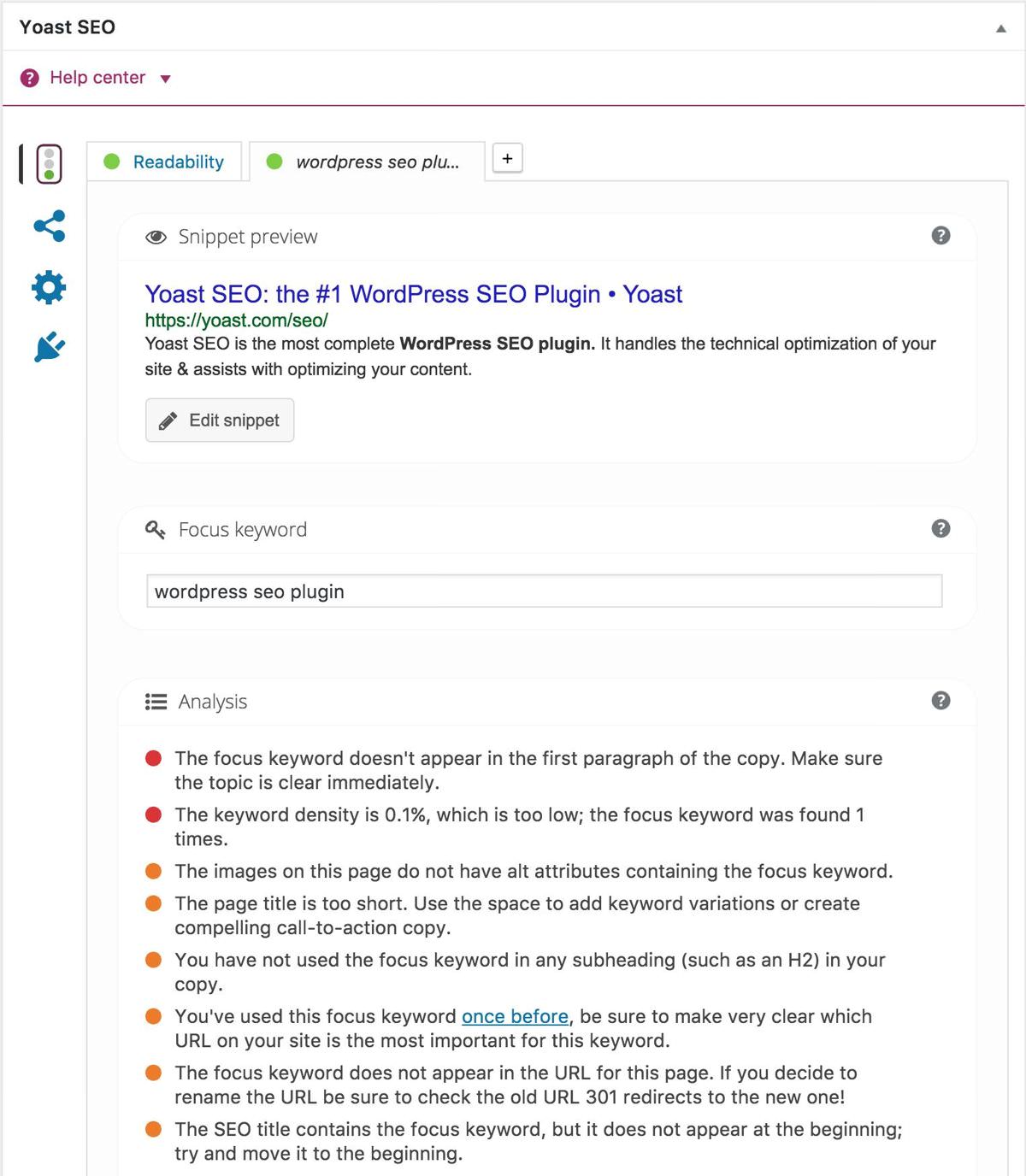 Snippet of Yoast SEO on 'Edit post' page