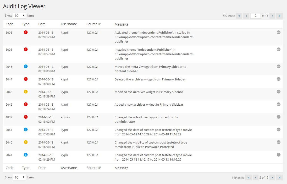 WP Security Audit Log's log viewer