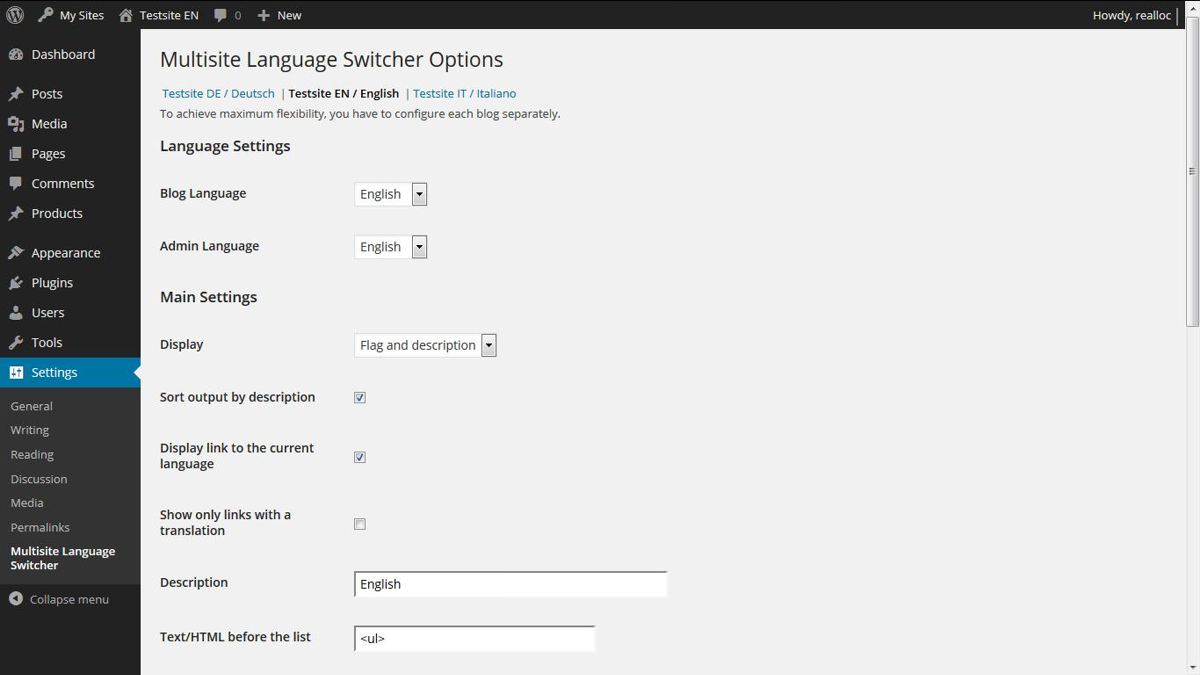 Options page of Multiple Language Switcher