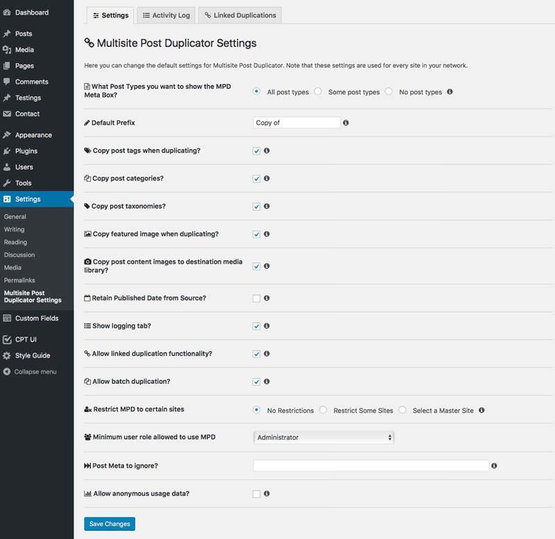 Settings of Multisite Post Duplicator