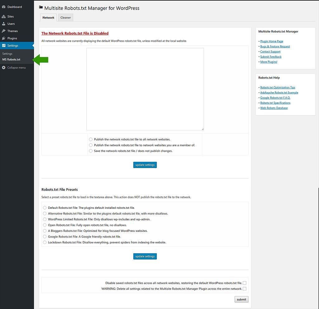 Settings of Multisite Robots.txt Manager